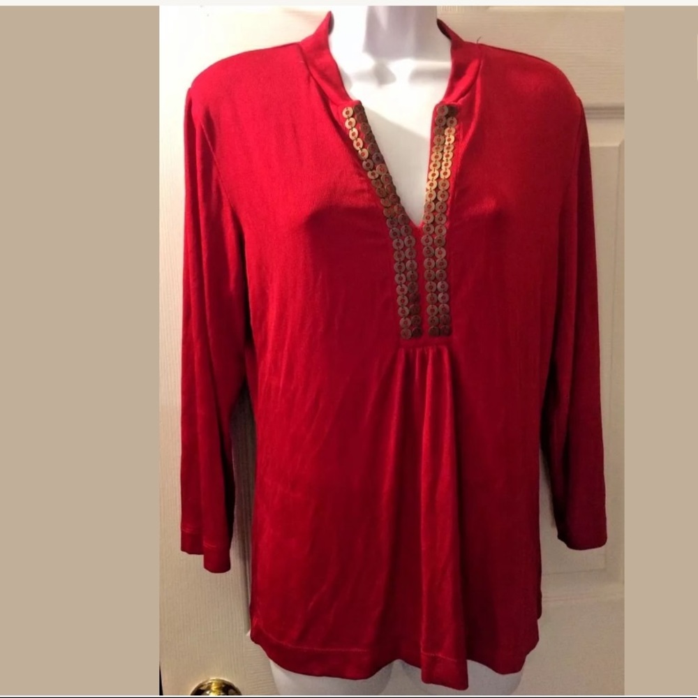 CHICO’S Travelers Red Blouse V-Neck Top Shirt Sequin Embellished